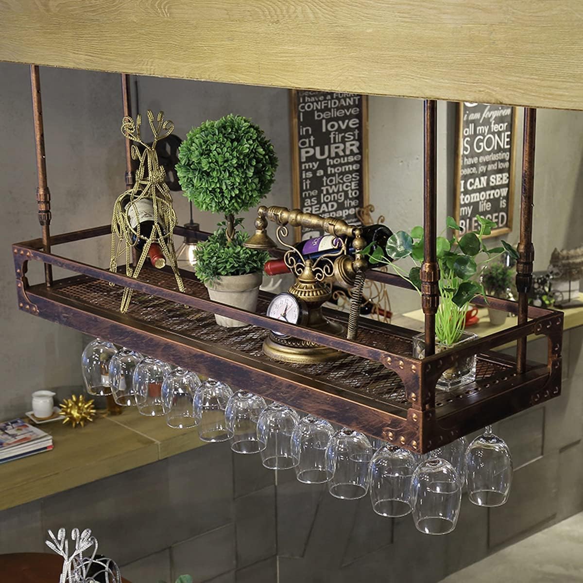 Hanging Wine Glass Rack, Industrial Vintage Metal Bar Wine Glass Hanging Rack,Coppery Wall-Mounted Wine Glass Rack Perfect for Bar Cafe Kitchen,Bronze,60x35cm The New Fashionable