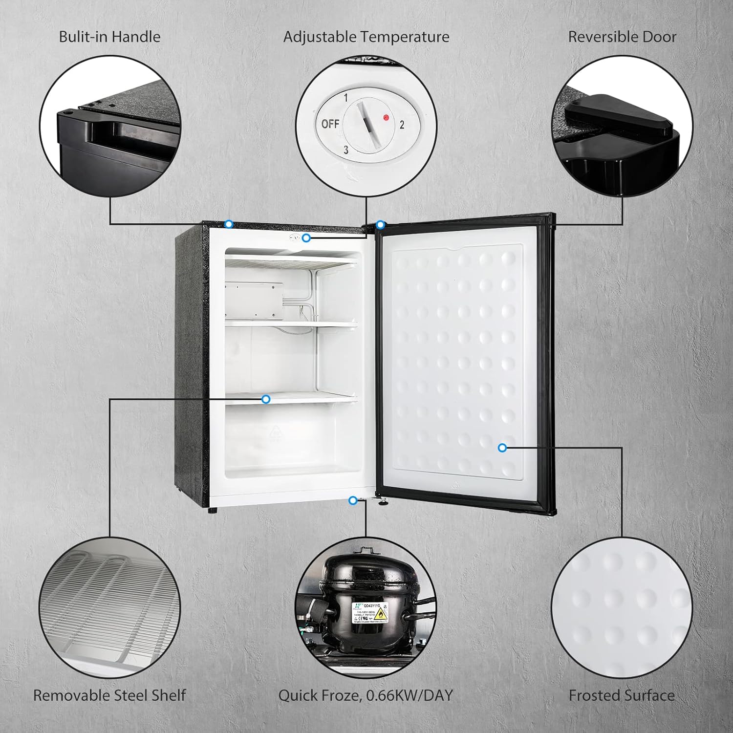 BANGSON Mini freezer, 1.1 Cu.ft Upright Freezer, Standing Meat Freezer, Single Reversible Door, Removable Shelves, For Garage/Home/Kitchen/Office, Black