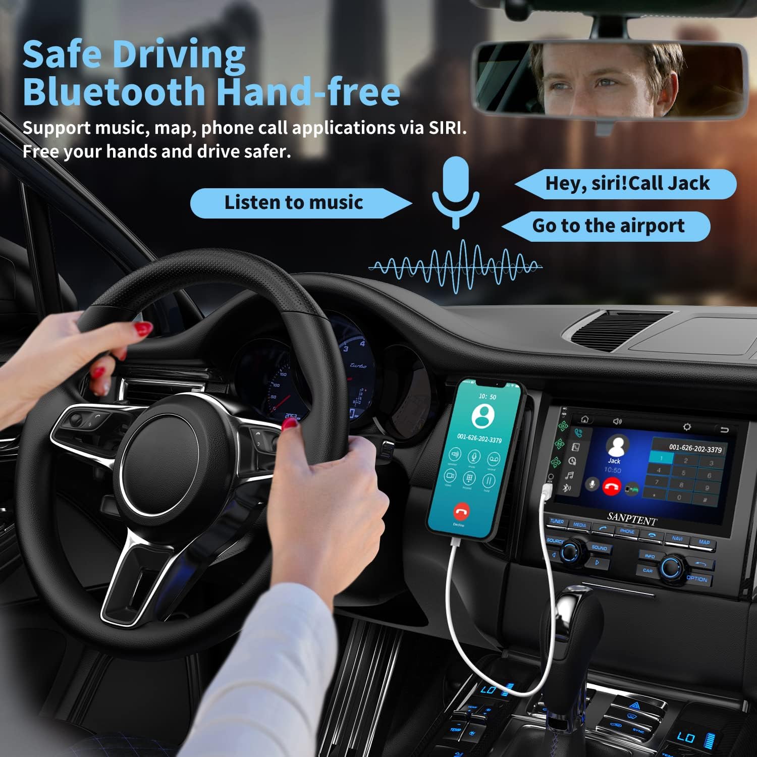 SANPTENT Double Din Car Stereo, 7-Inch Touch Screen, Compatible with iOS Carplay/Android Auto, Mirror Link, Bluetooth, Rear Camera, USB Port, Subwoofer, AM/FM Car Radio Audio Receiver