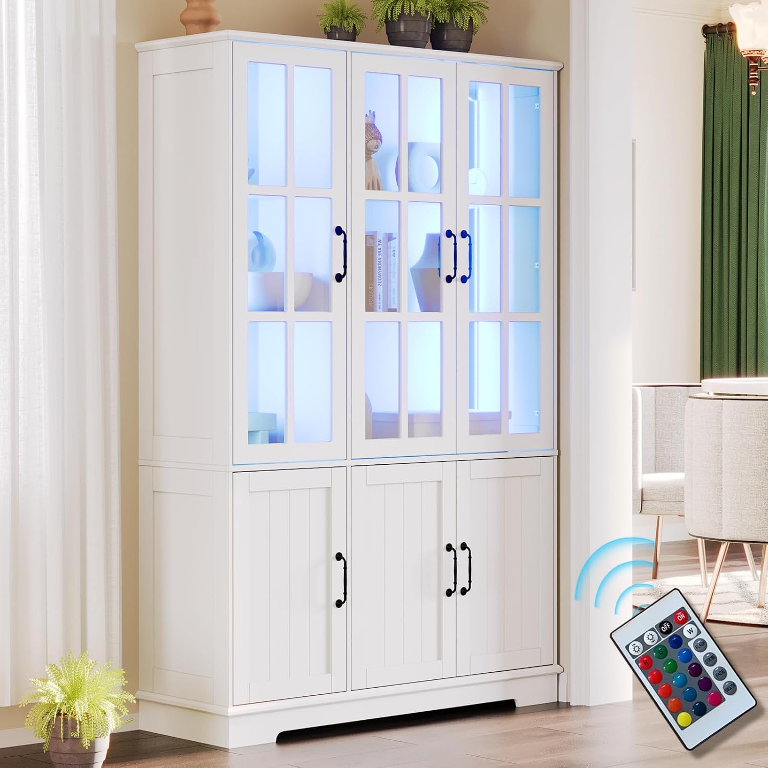 AMERLIFE 71" Tall Storage Cabinet with LED Lights, 5 Tier Large Modern Wood Kitchen Pantry with Acrylic Glass Doors & Shelves, Display Cabinet for Living Room, Dining Room, Bathroom, 6 Doors White