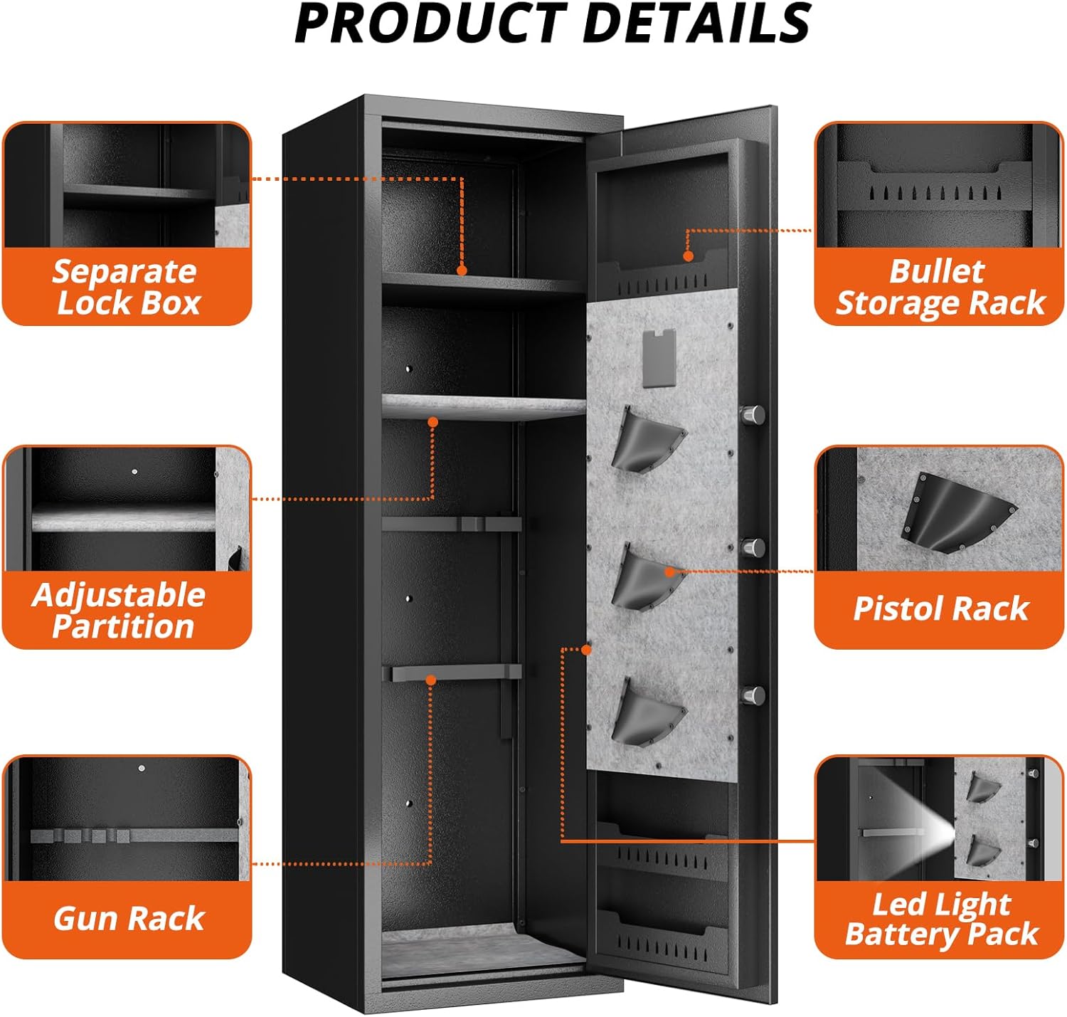 Gun Safes Cabinets Biometric Fingerprint Gun Safes Fireproof for 5 Home Rifle Shotguns and 3 Pistols with 3 Ammunition Storage Rack and Led Light