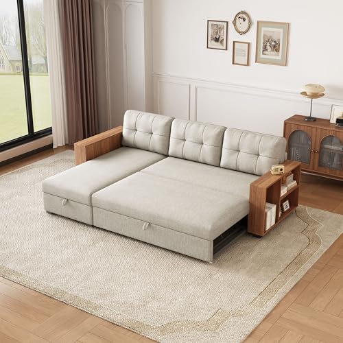 L Shaped Pull Out Couch Bed with Storage Chaise,Convertible Sectional Sleeper Sofa with 2 Wooden Armrests and 3 Removable Back Cushions for Living Room,Office, 84", Beige 1