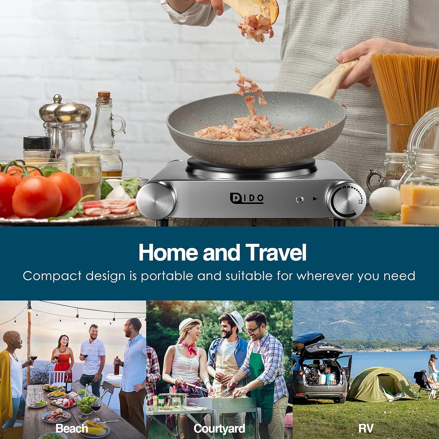 DIDO 1800W Hot Plate, Portable Electric Stove Countertop Cast-Iron Double Burner with Adjustable Temperature& Anti-Slip Feet, Stainless Steel Cooktop for Home/Camp/RV, Compatible for All Cookwares