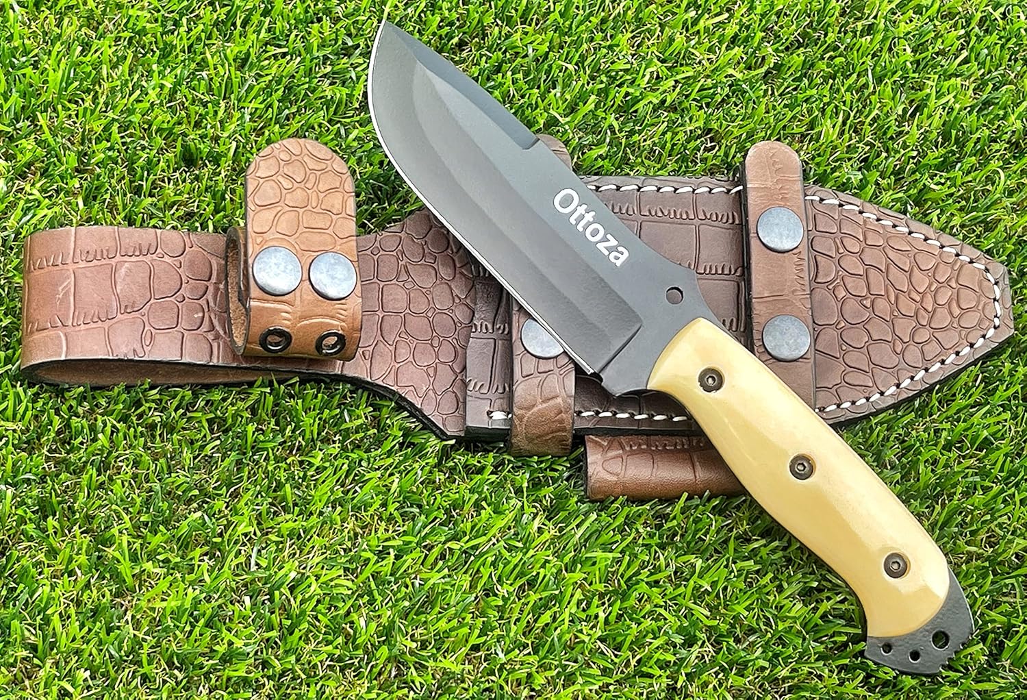 Ottoza Handmade 1095 Carbon Steel Bushcraft Knife & Bone Handle - Survival Knife - Camping Knife - Tactical Knife - Hunting Knife with Sheath Horizontal Carry Knife & Vertical Knife No:314