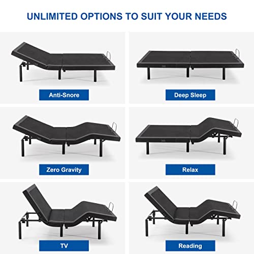 Adjustable Bed Base Frame with 17 Control Functions, Bluetooth App, Dual Massage, Dual USB Ports, Head/Foot Incline,Zero Gravity, Under Bed Lights (Queen)