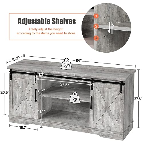 IDEALHOUSE Gray Barn Door TV Stand, Farmhouse Entertainment Center for 65 Inch TV, Modern Cabinet with Storage and Shelves, Livingroom