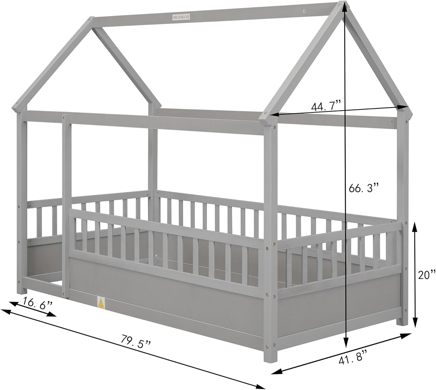 House Floor Bed Twin Size, Twin Montessori Floor Bed with High Fence, Twin Size House Bed for Kids, Girls, Boys(Twin Gray)