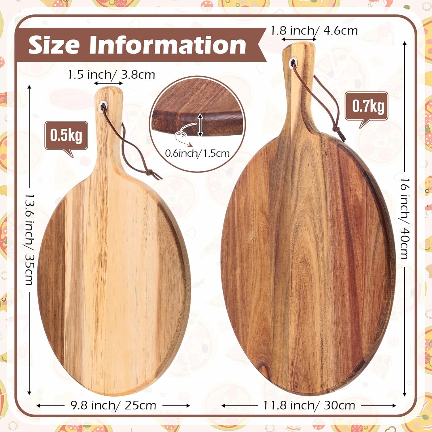 16 Pack Acacia Wood Cutting Board with Handle Thick Round Charcuterie Boards 2 Size Acacia Chopping Boards for Serving Cheese Pizza Bread Platter Baking Wooden Wall Carving Decor