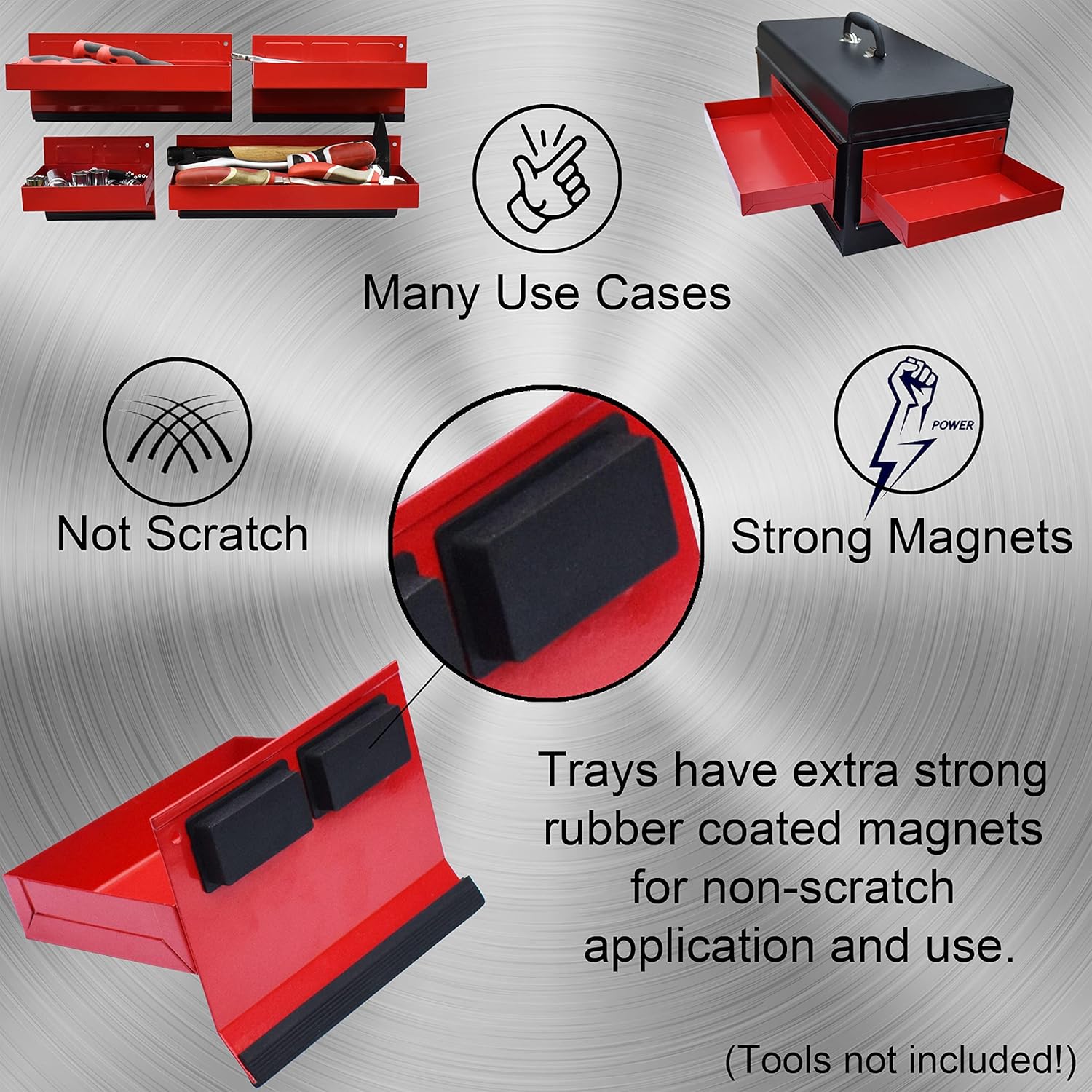 Magnetic Shelf 4-Pcs Set - Red Magnetic Tool Trays - Metal Tool Box with Strong Magnets - Magnetic Storage for Toolbox - Tool Box Accessories for Van Workshop Pack of 2