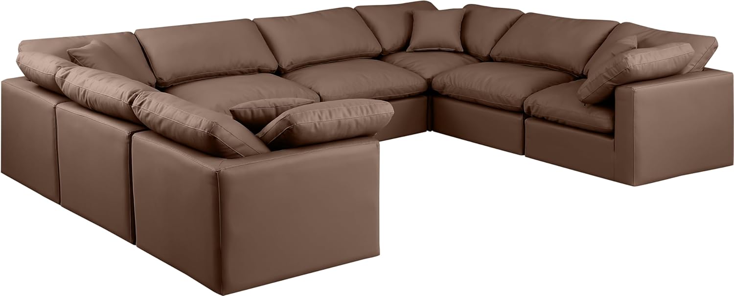 Meridian Furniture Indulge Collection Modern | Contemporary Sectional with Soft Durable Vegan Leather, Fiber-Filled Cushions, Modular, 140" W x 105" D x 32" H, Brown