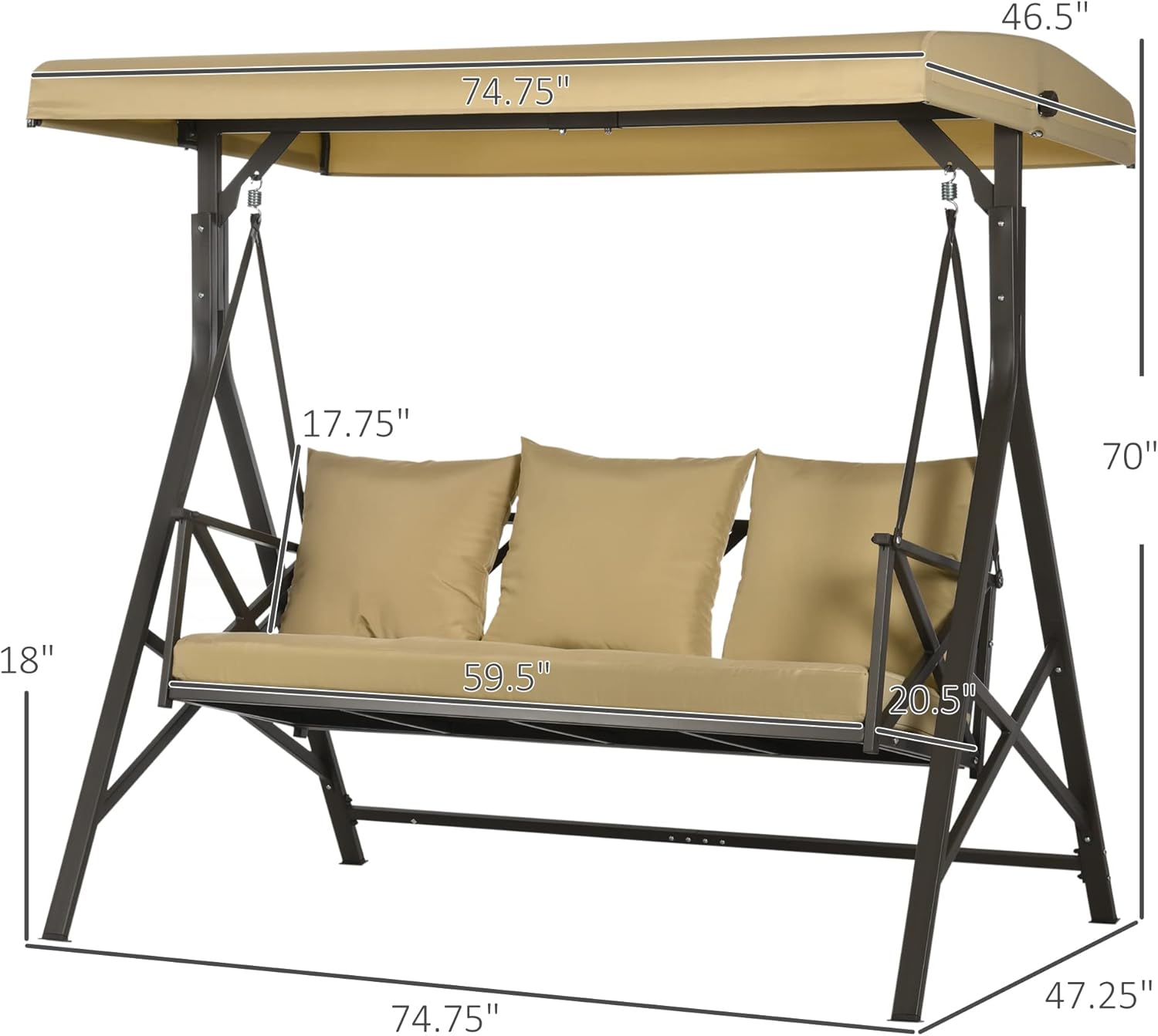 3-Seat Patio Swing Chair, Porch Swing Glider with Cushion, 3 Throw Pillows & Adjustable Canopy for Porch, Garden, Poolside, Backyard, Khaki