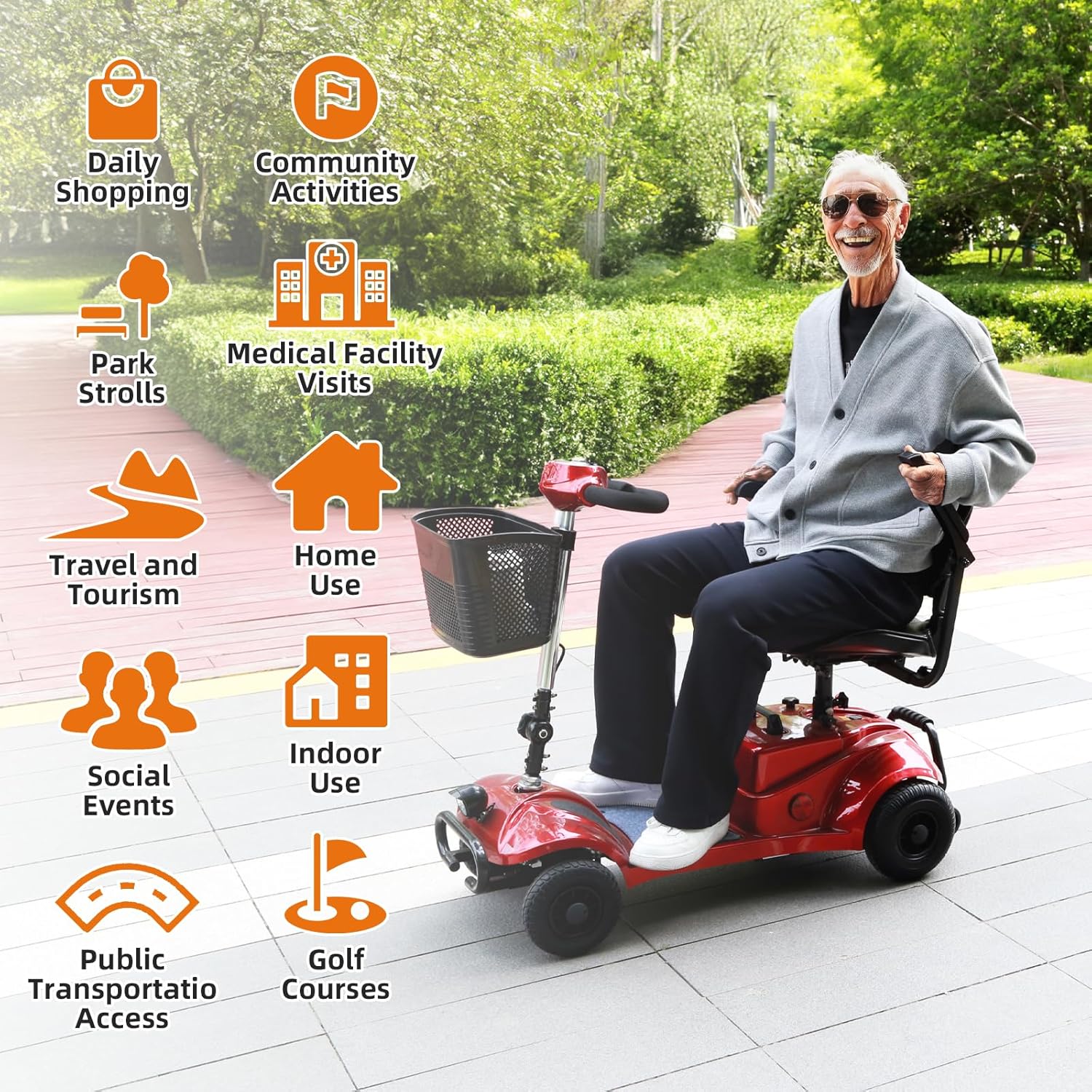 4 Wheel Mobility Scooter | Foldable and Portable Electric Scooter with Basket and Light | Compact Mobility Device Perfect for Adults, Elderly, and Travel, Red