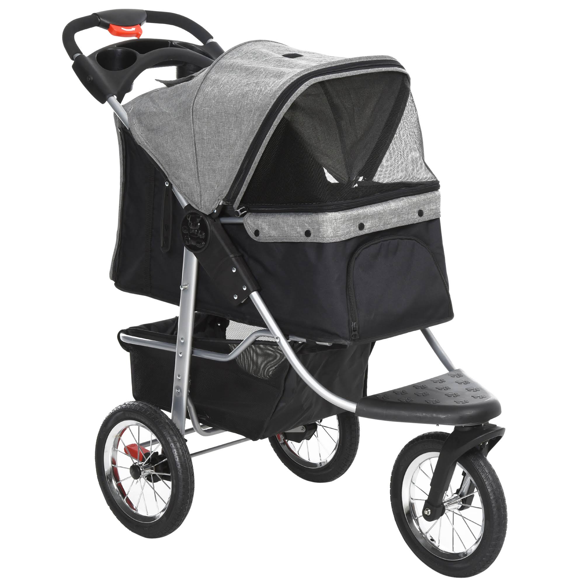 PawHut Luxury Folding Pet Stroller Dog/Cat Travel Carriage with Adjustable Canopy u0026 A Zippered Mesh Window Door - Grey
