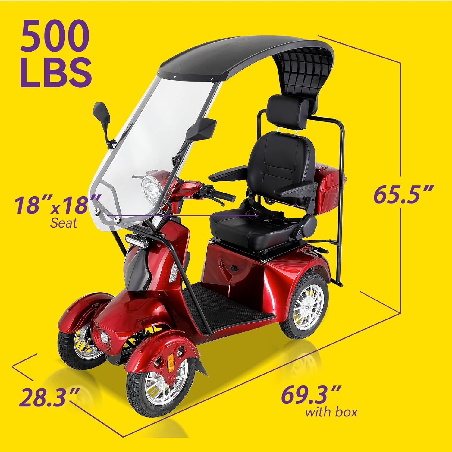 Heavy Duty Mobility Scooter with Roof & Windshield - Electric Powered Wheelchair for Seniors & Adults 500lbs Capacity- 800W Fast Mobility Chair with Long Range Battery Remote Keys