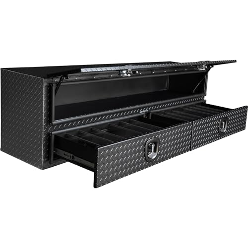 Buyers Products 1701578 Aluminum Heavy-Duty Flatbed Contractor Truck Tool Box With One Lower Door, Aluminum Diamond Tread, 21 x 18 x 72 Inch, Made In The USA, Contractor Job Box For Bed Of Truck