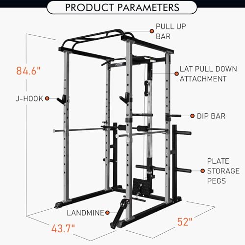 RitFit Power Cage with Optional LAT PullDown/Cable Crossover/Smith Machine System, 1000LB Squat Rack for Home & Garage Gym, with Weight Storage Rack and More Training Attachments, ASTM-Certified