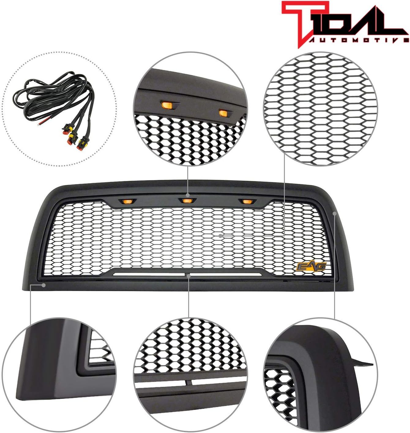 Tidal Replacement Ram ABS Upper Grille Front Hood Grill - Matte Black - With Amber LED Lights for 10-12 Ram 2500/3500 Heavy Duty