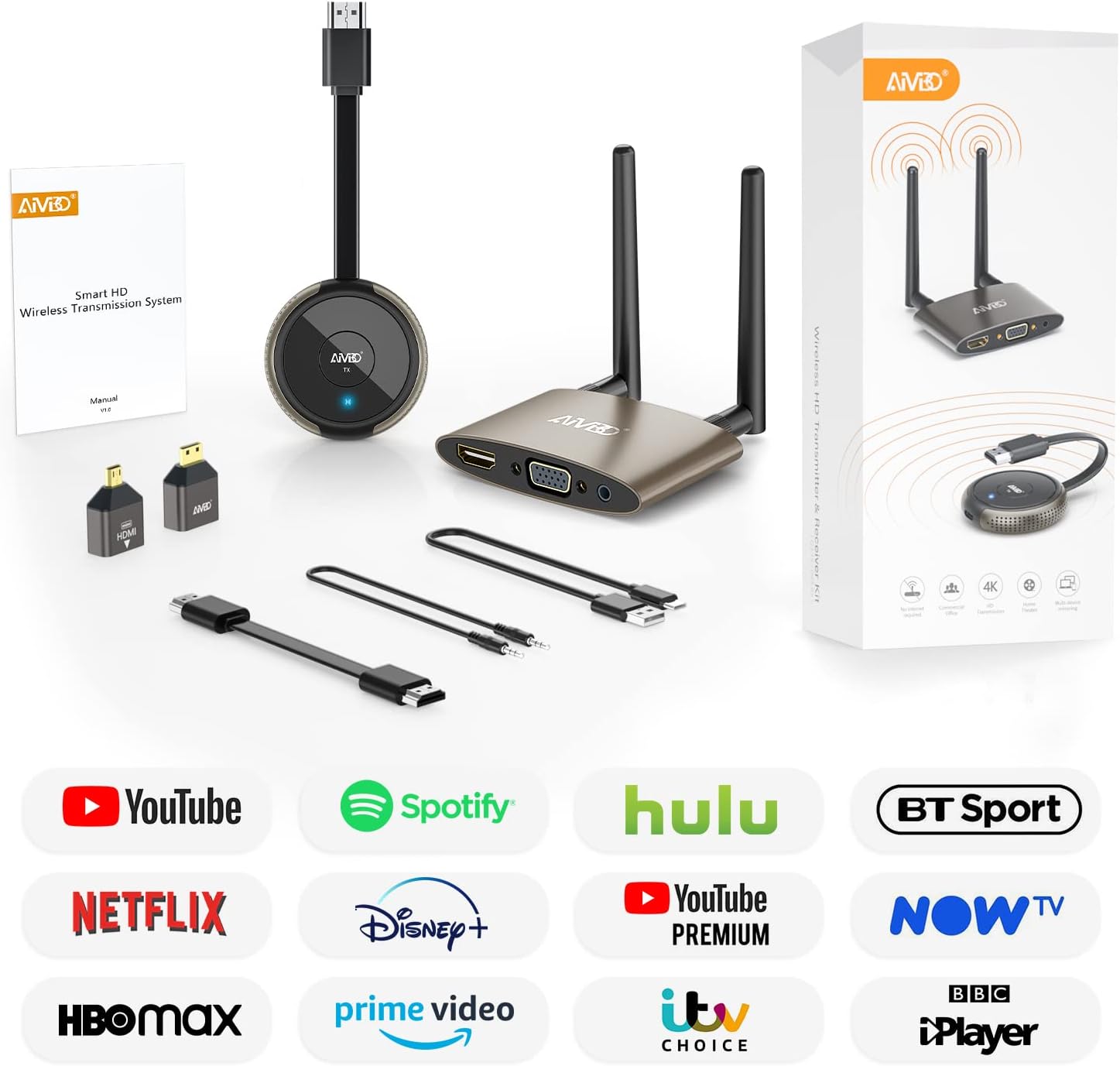 Wireless HDMI Transmitter and Receiver 4K, AIMIBO 5G HDMI Wireless Extender Kit, 164FT/50M VGA Dual Screen Casting Video Audio from PC/Laptop/Camera/Blu-ray/Netfix/TikTok to Monitor/Projector/HDTV