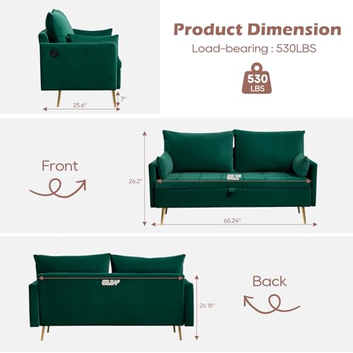60'' Loveseat Sofa Couch with Storage, Modern Loveseat Couch with 4 Pillows & Metal Legs, 2 Seater Sofa with USB & Type C for Living Room,Bedroom, Apartment(Grey-Blue)