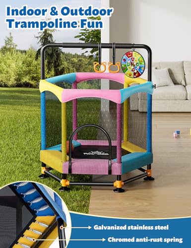 60" Trampoline for Kids, Twinkoo 5FT Fortified Toddler Trampolines with Anti-Rollover Bottom, Indoor/Outdoor Toddler Trampoline with Safety Enclosure, Adjustable Gymnastics Bars, Basketball Hoop