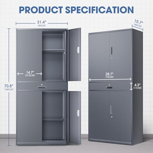 DNA MOTORING 71'' Metal Storage Cabinet, Locking Tool Cabinet with 1 Drawer and Adjustable Shelves, Lockable Heavy Duty Metal Locker for Garage,Office,Home,Gym, Gray, TOOLS-00629-GY-GY-A