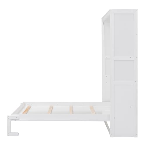 Queen Murphy Bed Folded to Wall Wooden Cabinet Bed with Cushion, Hidden Bed Folding Wall Bed for Guest Bedroom, Space Saving Design & Easy Assembly (White)