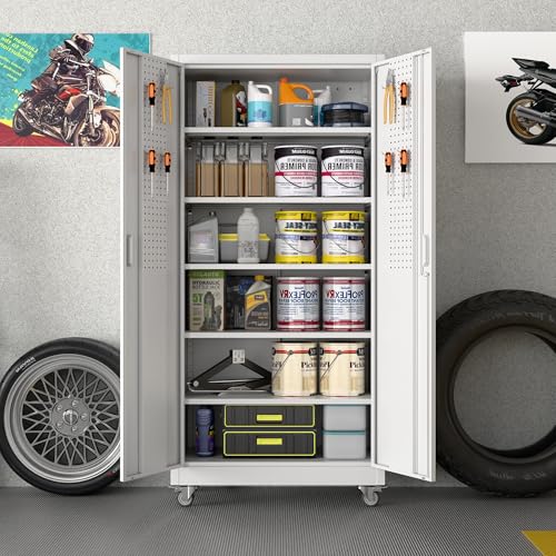 Aobabo Garage Storage Cabinet with Wheels,72" H Metal Storage Cabinet with 2 Doors and 4 Adjustable Shelves for Garage Home, Black,Required-Assembly