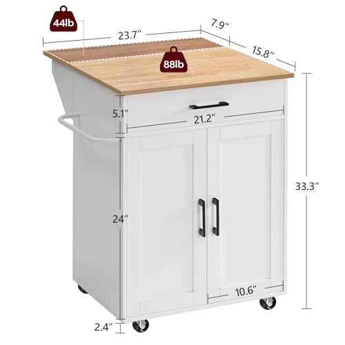 Kitchen Island on Wheels with Drop Leaf, Folding Countertop Kitchen Island Cart, Kitchen Island Table with Towel Rack, Drawer, for Kitchen, Dining Room, White and Natural KINW12501