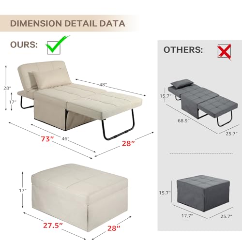 Ottoman Sofa Folding Sofa Bed（No Installation Required）, 4 in-1 Sleeper Chair Bed Multi-Function Folding Convertible Couch Chair Ottoman Bed for Apartment, Small Space,36” Width(Gray)
