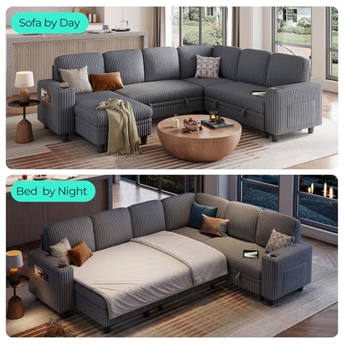 LINSY HOME Sectional Sleeper Sofa with Pull Out Couch Bed Convertible Plush Corduroy Cloud Couch with Storage Chaise & USB Charging, Comfy L Shaped Modular Couches for Living Room Apartment (Grey)