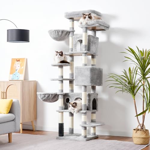 Hey-brother Cat Tree, 74 inches Multi-Level XL Large Cat Tower for Indoor Cats with Three Cat Condos, Two Large Top Decks and Cat Hairbrushfor Kittens, Cats and Pets, Light Gray MPJ035-MW