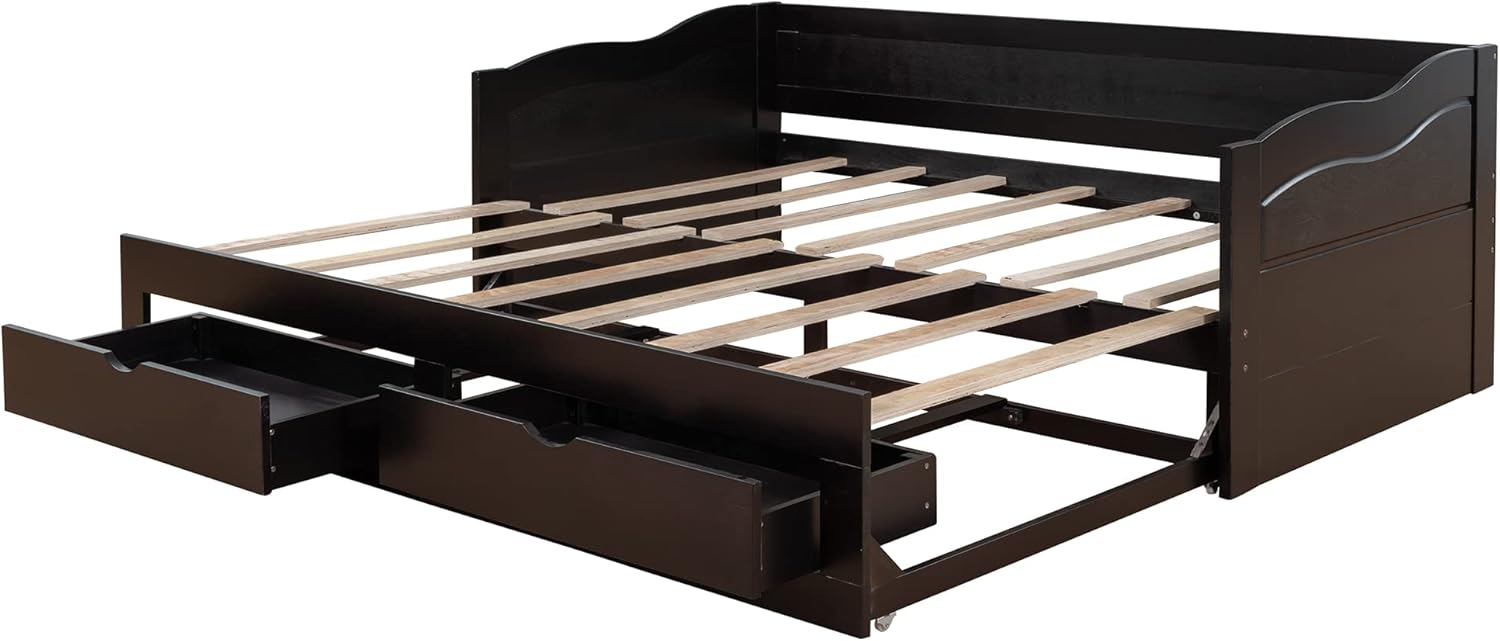 Wood Trundle, Extendable Daybed Twin to King with 2 Storage Drawers, Sofa Bed Frame for Small Space, Bedroom, Living, Guest Room, Espresso