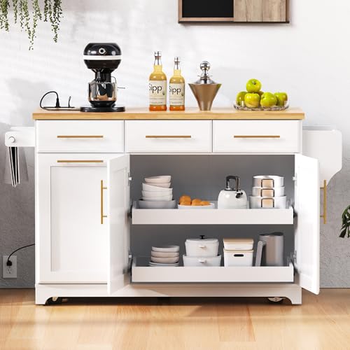 Rolling Kitchen Island with Drop Leaf & 2 Pull Out Cabinet Organizers,59.3" Stationary Kitchen Cart with Trash Can Storage,Power Outlet,Spice & Towel Rack,3 Drawers Island Table for Kitchen,White