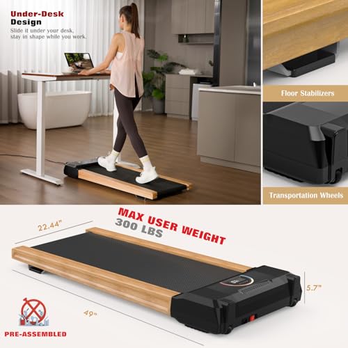 Walking Pad, Under Desk Treadmill with High Sound Quality Speaker, Exquisite Wood Treadmills for Home Small, Max 300LBS Capacity, Installation-Free with LED Light Strap Display