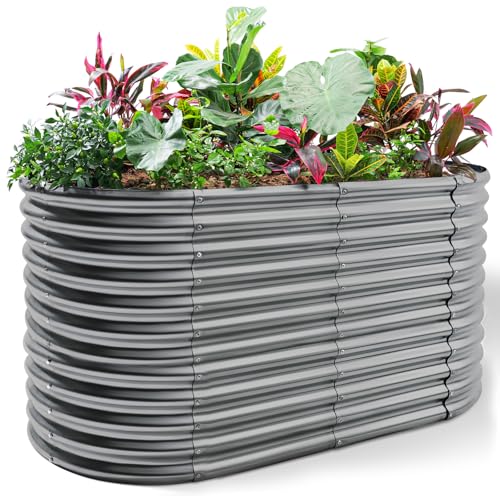 Land Guard 8x4x3ft Oval Galvanized Raised Garden Beds, Large-Capacity Metal Planter Box Outdoor, Durable Deep Raised Garden Bed 3ft Tall, Raised Beds for Gardening Vegetables, Cream Yellow
