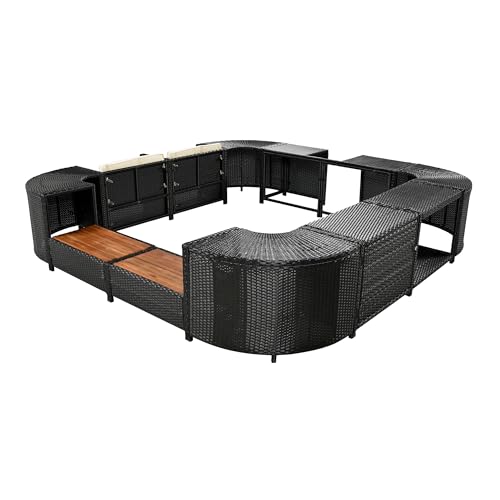Harper & Bright Designs Spa Surround Spa Frame Quadrilateral Outdoor Rattan Sectional Sofa Set with Mini Sofa,Wooden Seats and Storage Spaces for Free Combination,Cream Beige