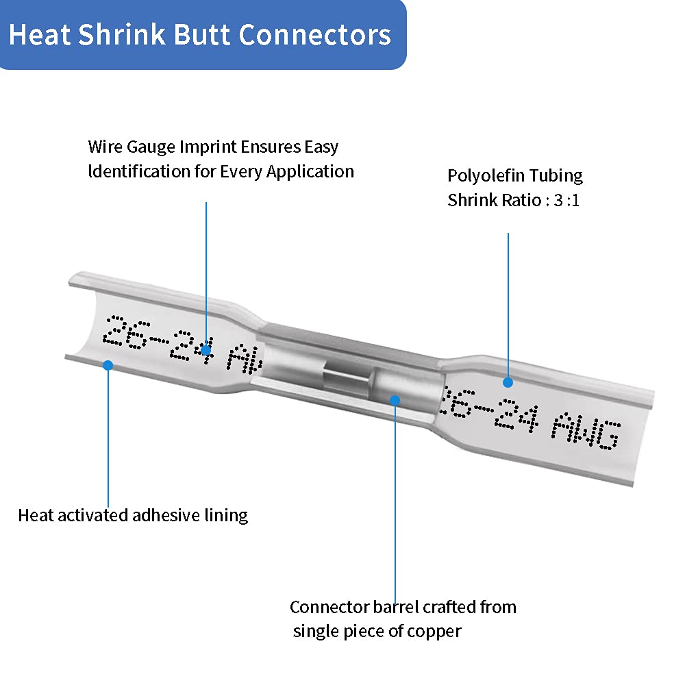 1000 Pcs Blue Heat Shrink Butt Connectors, 16-14 AWG Waterproof Electrical Crimp Wire Splice for Marine, Cable, Wiring