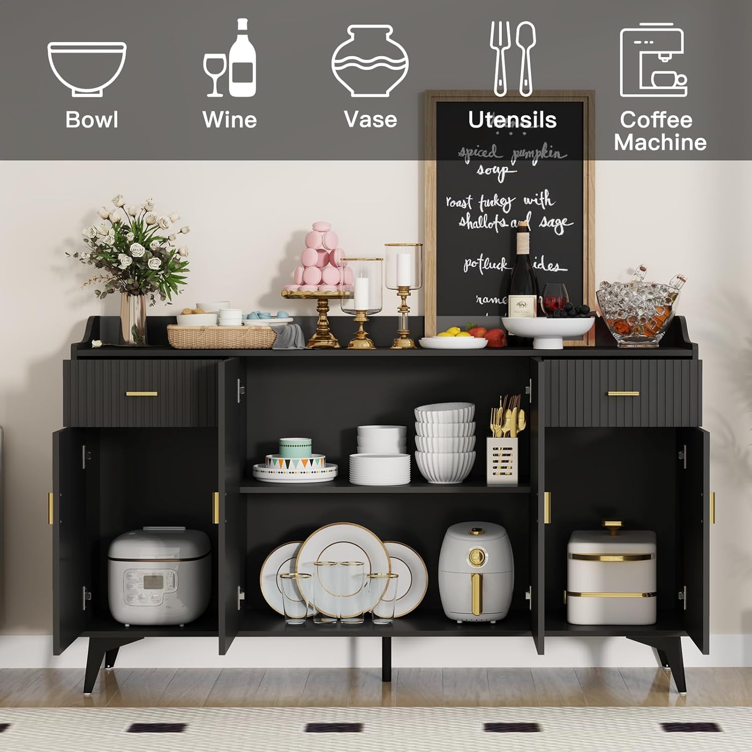 Wakefit Sideboard Buffet Cabinet with Storage, Fluted Doors & Drawer, Wood Farmhouse Credenza Coffee Bar Cabinet with Baffle Tabletop and Handles for Kitchen, Living Dining Room, Black