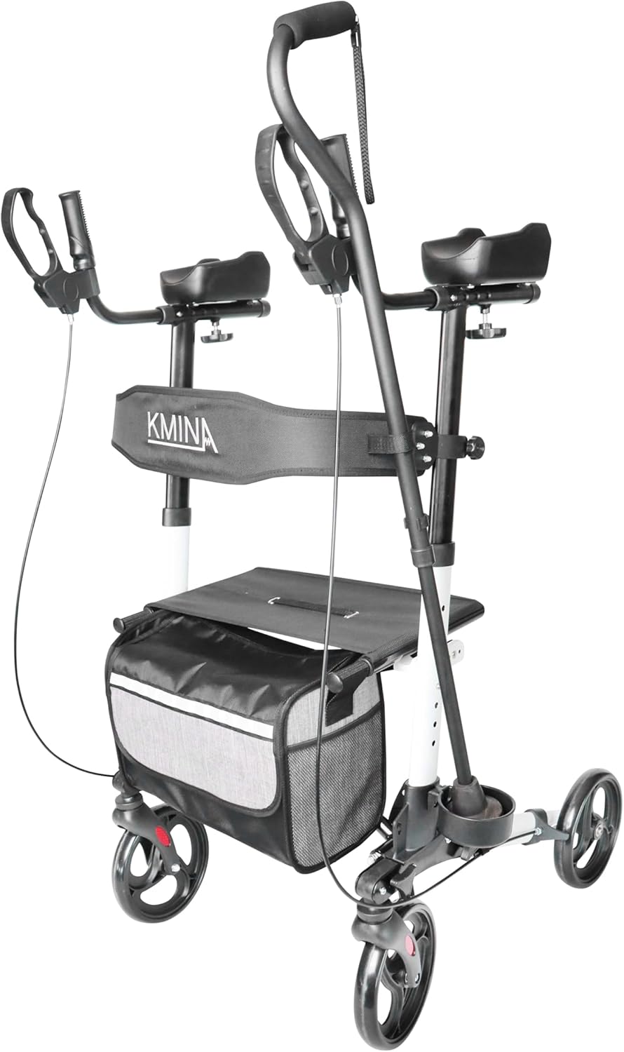 KMINA - Upright Rollator Walker with Seat and Back Support, Folding Stand Up Walkers for Seniors with Armrest, Upright Walkers for Elderly Adjustable, Stand Up Rolling Walker with Forearm Support