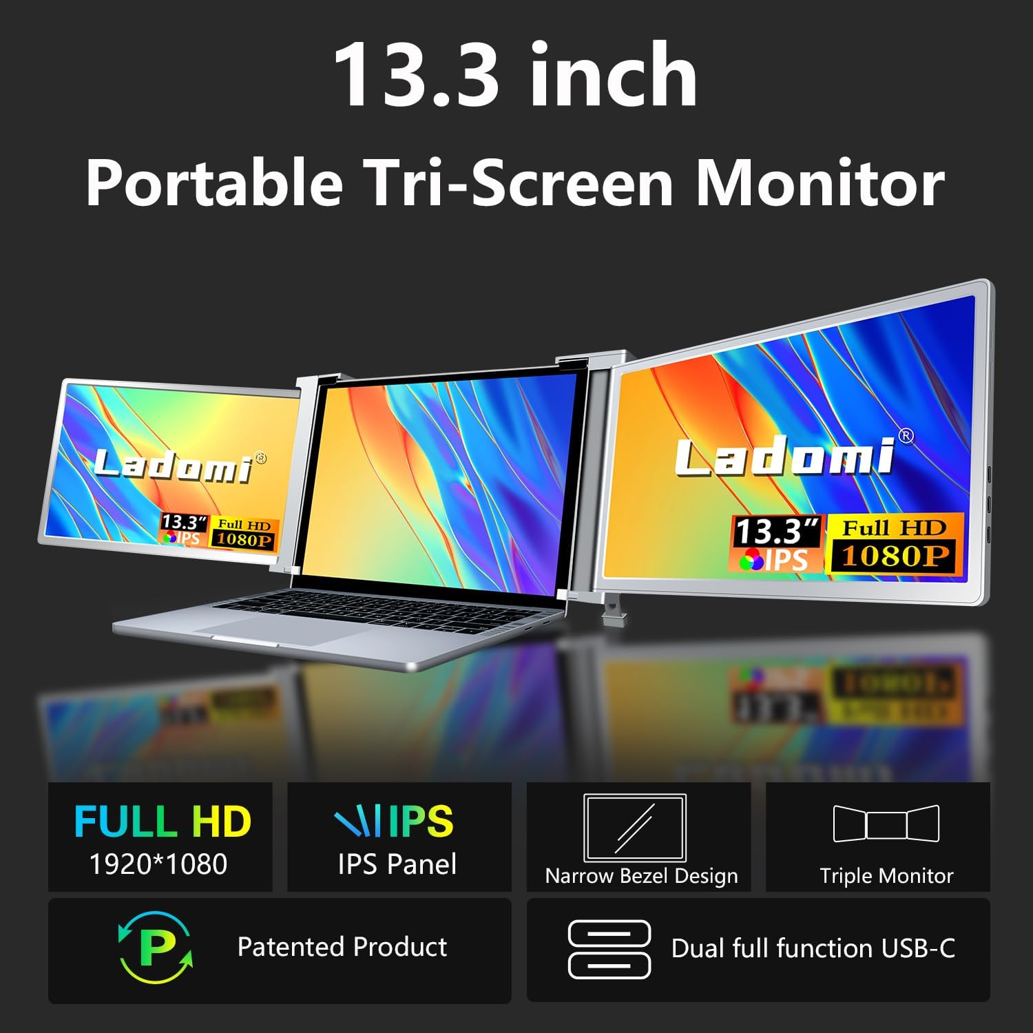 Triple Monitor for Laptop, 13.3" Dual Laptop Monitor Screen Extender, HD 1080P IPS Portable Monitor for 13.3"-17.3" Laptop & Switch/Xbox, Plug and Play for Windows/MAC - S13 Gray