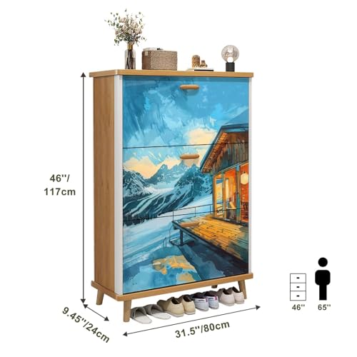 3 Drawer Shoe Cabinet, Artistic Shoe Cabinet, Mid Century Modern Mountain Birch Art Wood Shoe Rack Organizer for Entryway Slim (31.5”W x 9.45”D 46”H)