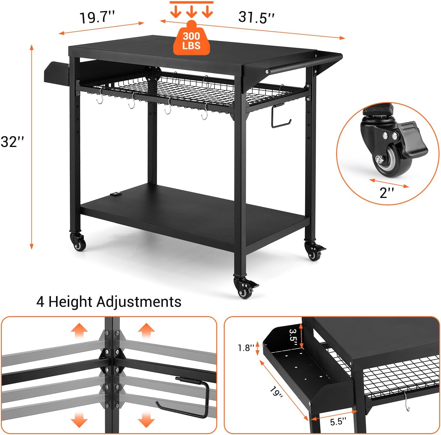 Outdoor Grill Cart, Pizza Oven Stand Table with Mesh Racks Dining Cart Table for Outside Patio, Movable Kitchen Cooking Prep Table BBQ Cart with Wheels for Home Party, Bar, Camping, Black