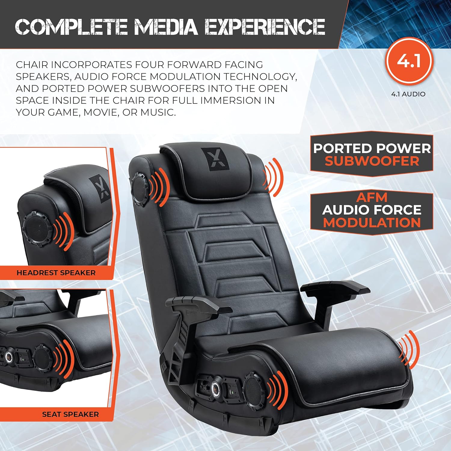 X Rocker Pro Series H3 Black Leather Vibrating Floor Video Gaming Chair with Headrest for Adult, Teen, and Kid Gamers - 4.1 High Tech Audio and Wireless Capacity - Foldable and Ergonomic Back Support