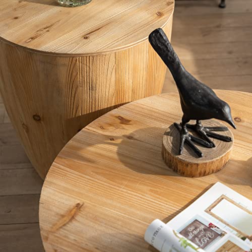 31.50" Round Drum Coffee Table - Round Wood Coffee Table with Bucket Shaped and Vintage Style, Unique Coffee Table with Storage Function, Circular Coffee Tables for Living Room (Brown)
