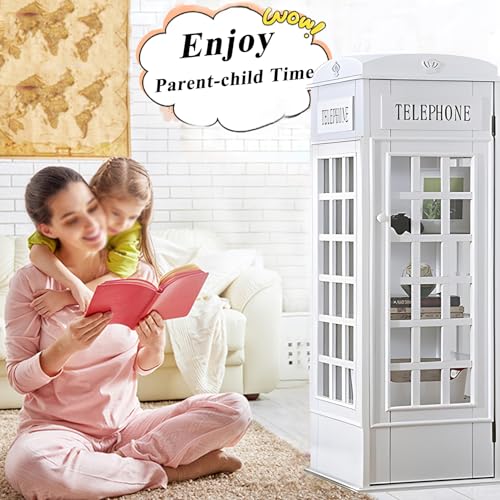 Telephone Booth 5-Tier Wooden Bookcase Freestanding CD Storage Cabinet Living Room Display Bookshelf with Front Door, 44.5" H x 14.4" W x 14.4" D (Off White)