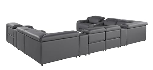 Ibero 12-Piece Italian Leather Sectional Sofa Set with 4 Recliners, Power Adjustable Headrests, USB and Wireless Phone Charger and Console Storage, Light Gray