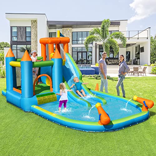 HONEY JOY Inflatable Water Slide, 19x17FT Large Water Park w/Dual Long Slides & Climbing Walls, 2 Soccer Gates & Canons, Giant Splash Pool, Blow up Water Slides Inflatables for Big Kids, 950w Blower