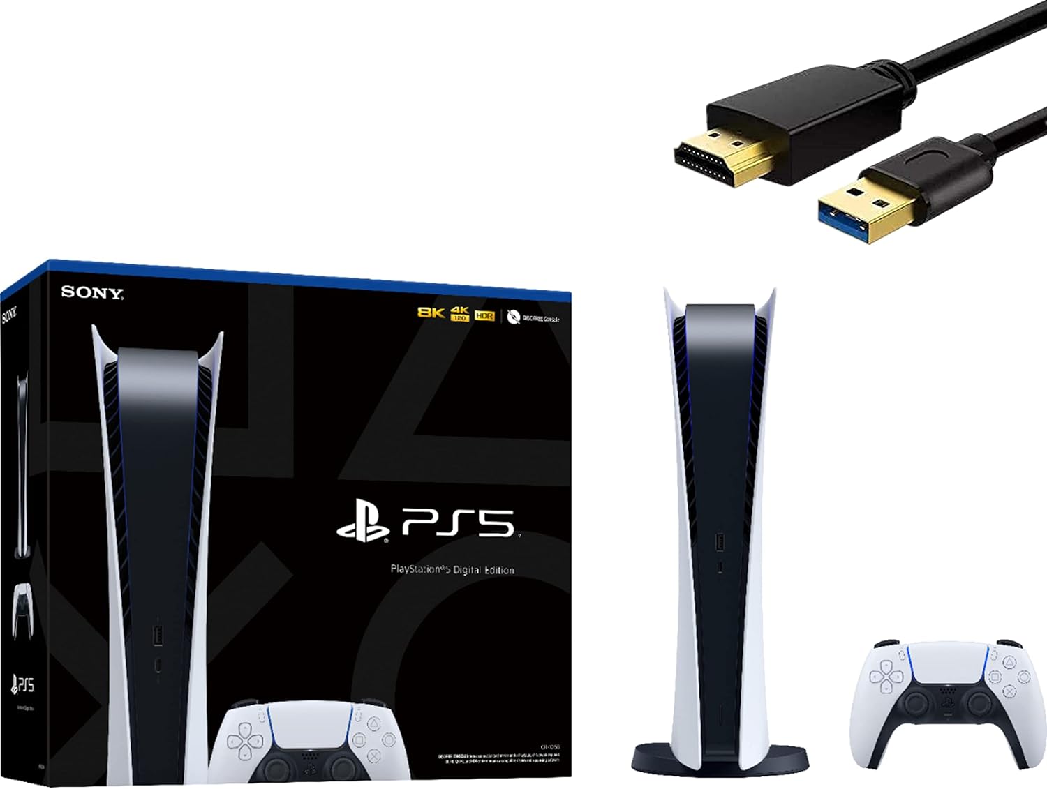 Sony PlayStation 5 Digital Edition 825GB Gaming Console + 1 Wireless Controller for PS5, 8-Core x86-64-AMD Ryzen Zen 2 CPU, 16GB GDDR6, 8K Output, Up to 120FPS, Michooyel HDMI_Cable