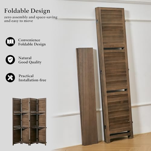 Room Divider with Shelves, 5.6 Ft Tall Folding Wood Screen with Double Hinges for Home Office Bedroom Hotel Decoration (6 Panels, Brown)
