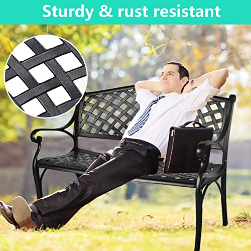 Outdoor Patio Garden Bench All-Weather Cast Aluminum Loveseats Park Yard Furniture Porch Chair Work Entryway Decor w/Checkered Design (Black)